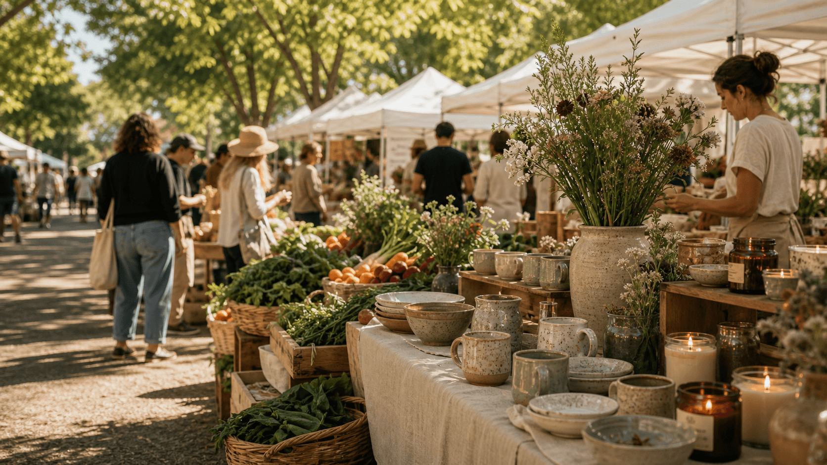 A trestle table of handmade pottery at a Thames Valley farmers market